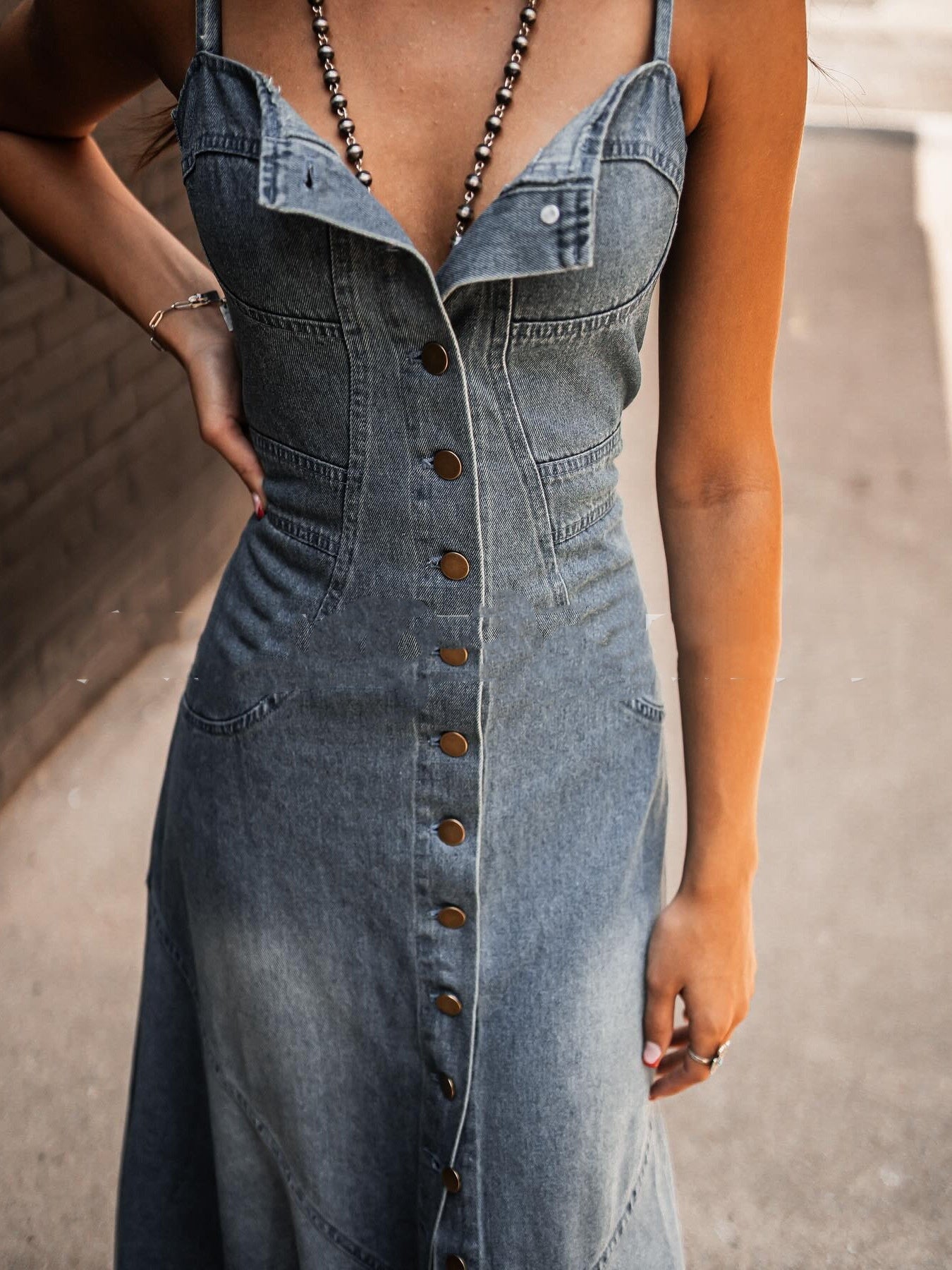 INS Vintage Denim Washed Distressed Swing Dress