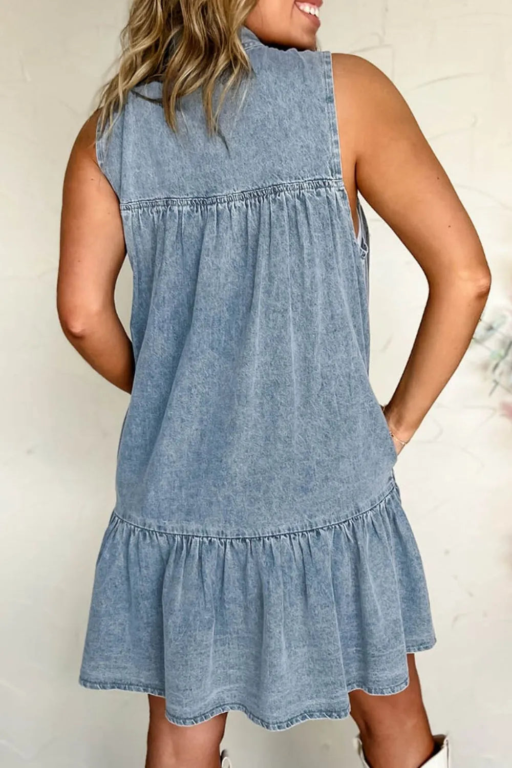 Tie Neck Sleeveless Denim Dress