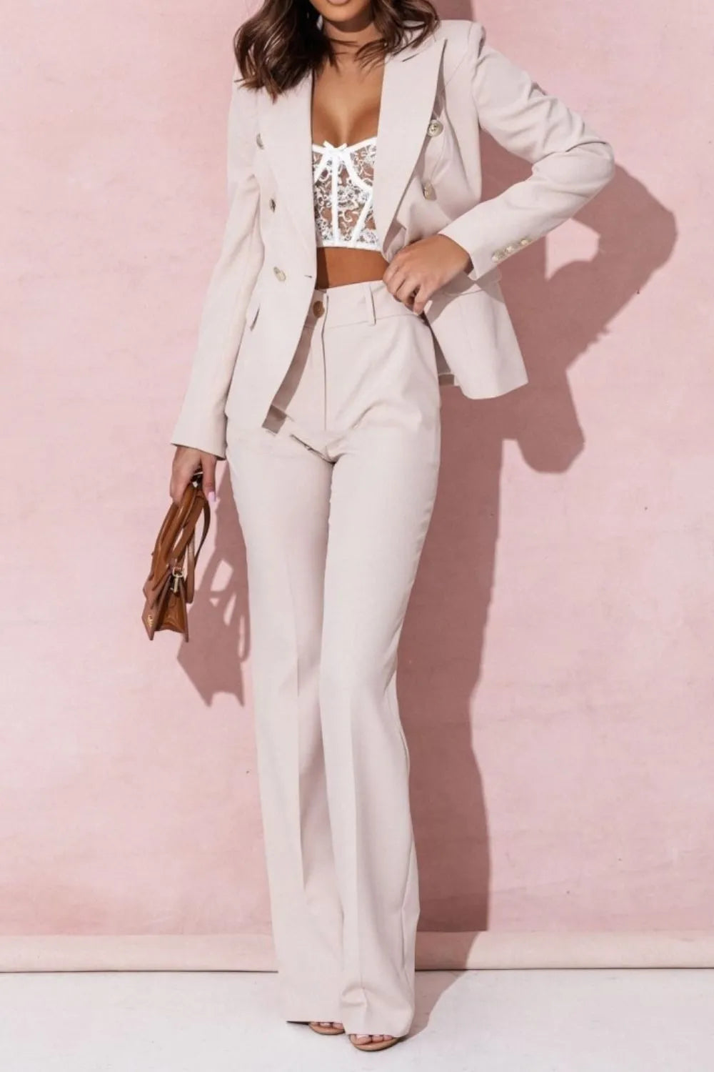 Ladies' Lapel Collar Long Sleeve Blazer and Pants Set 