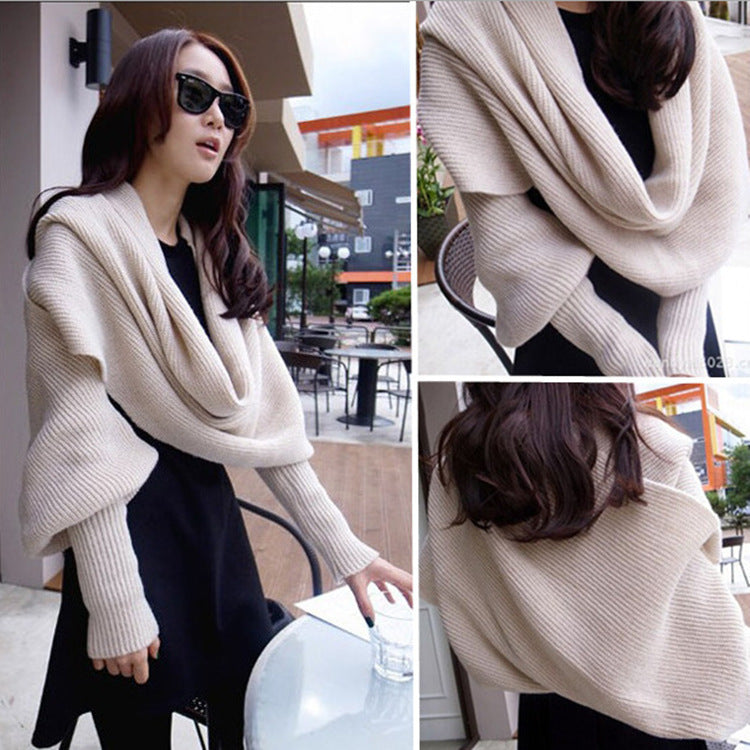 Women's Knitted Scarf Shawl With Sleeves