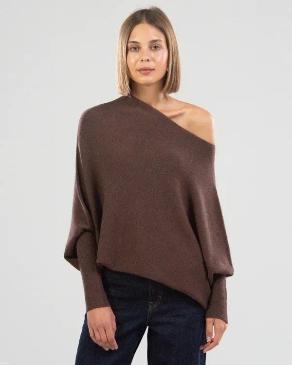 Solid Off-shoulder Batwing Sleeve Sweater