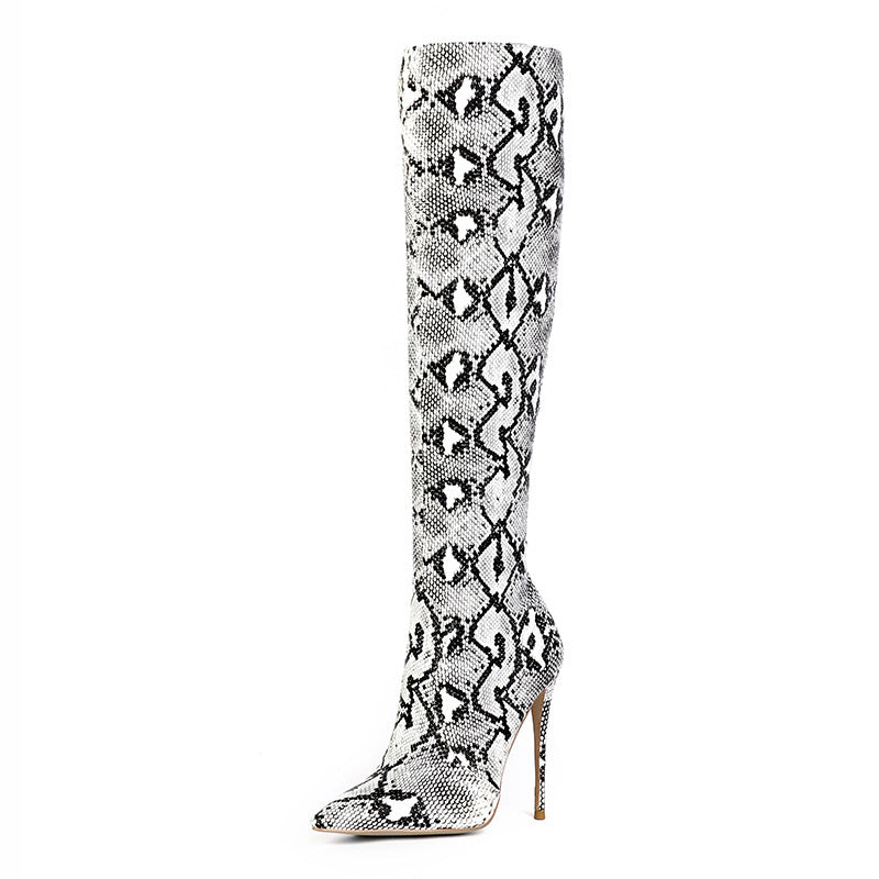 New Stiletto Heel Snake Pattern High-top Boots