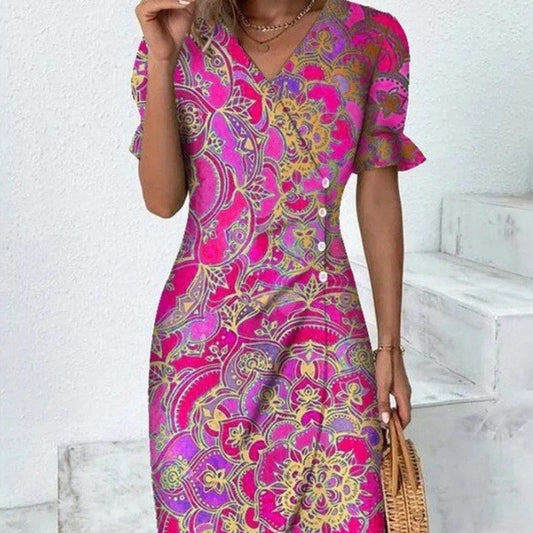 Floral Collage V-neck Spliced Hem Dress