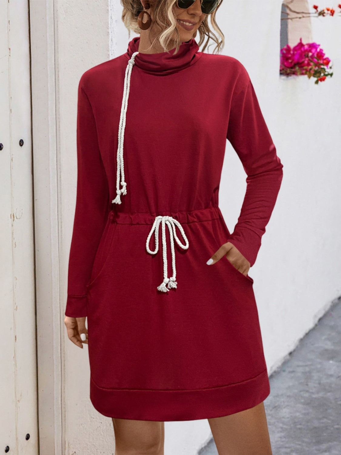 Daisy's Drawstring Turtleneck Long Sleeve Mini Dress