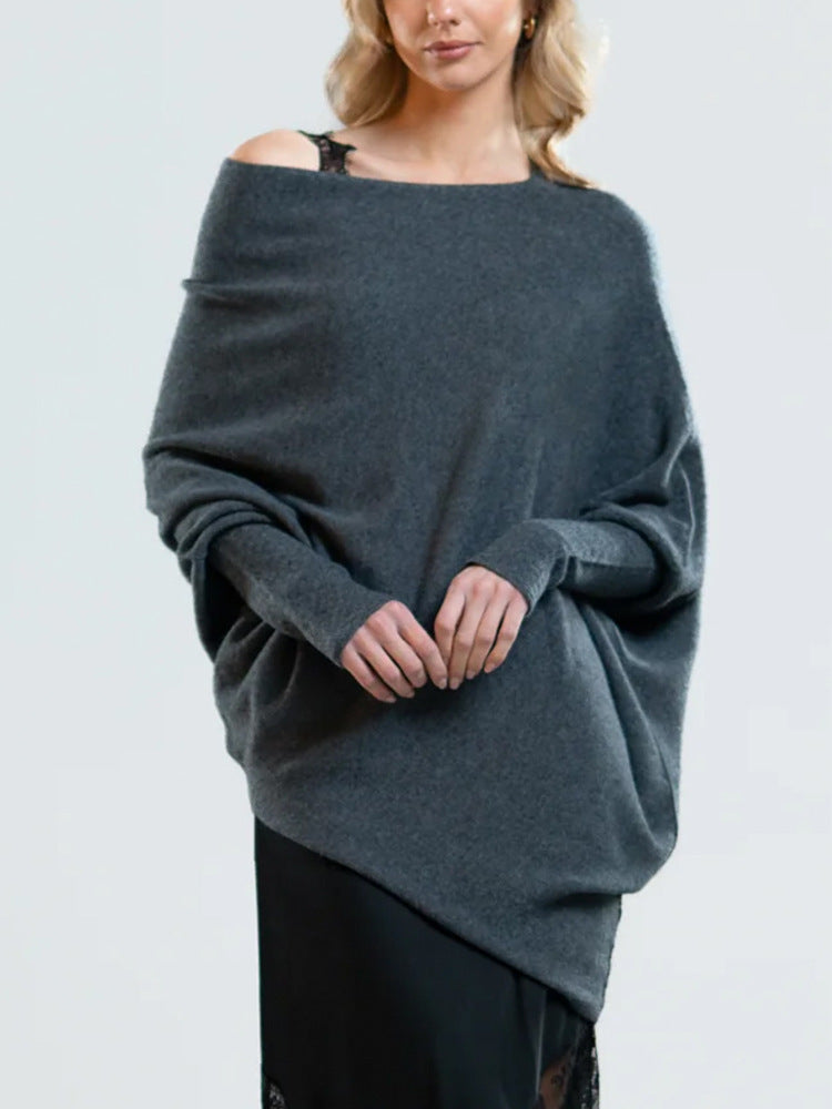 Solid Off-shoulder Batwing Sleeve Sweater