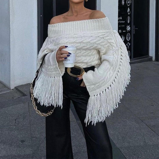 Unik's Tassel Off-shoulder Knitted Sweater