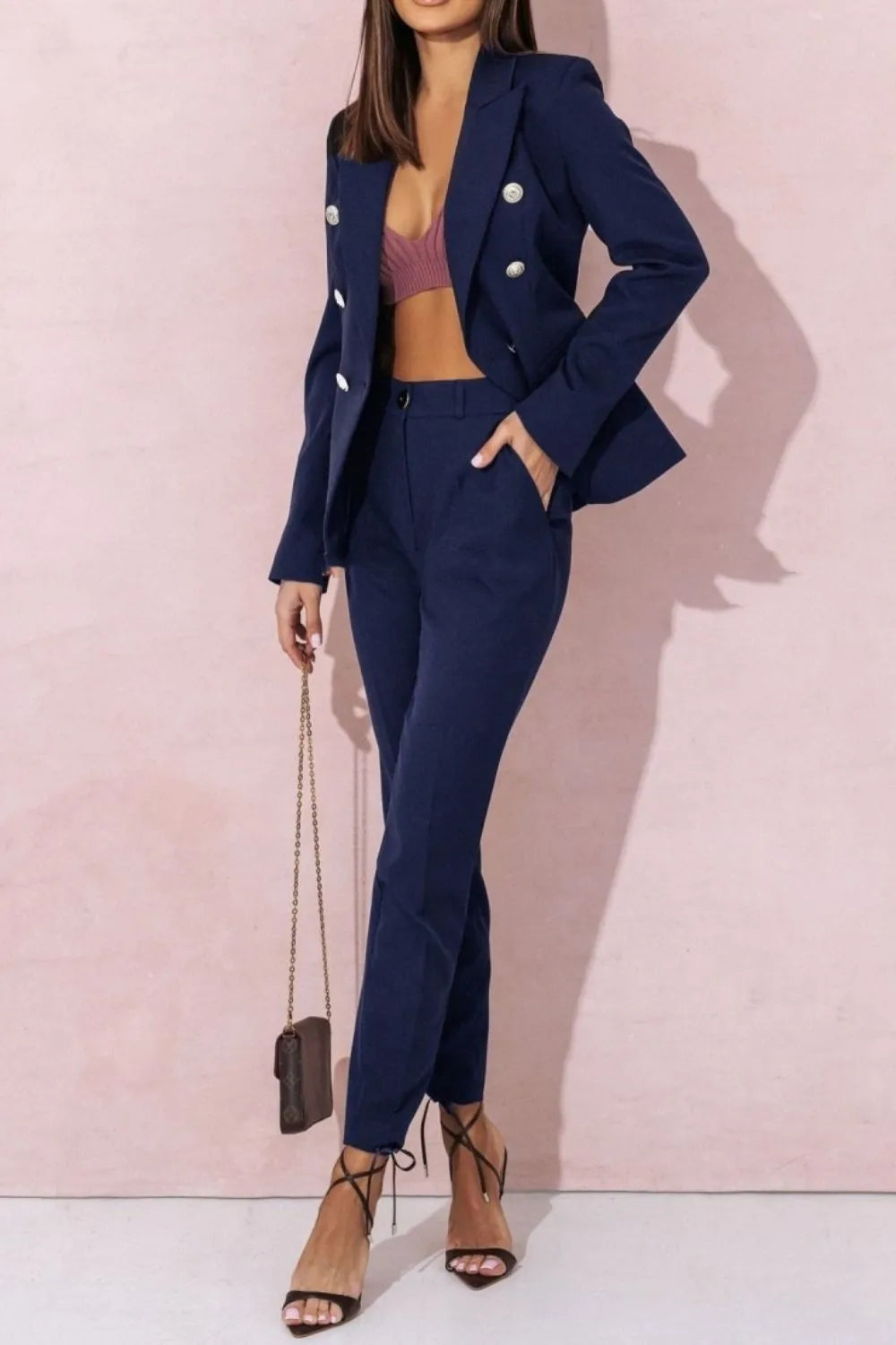 Ladies' Lapel Collar Long Sleeve Blazer and Pants Set 