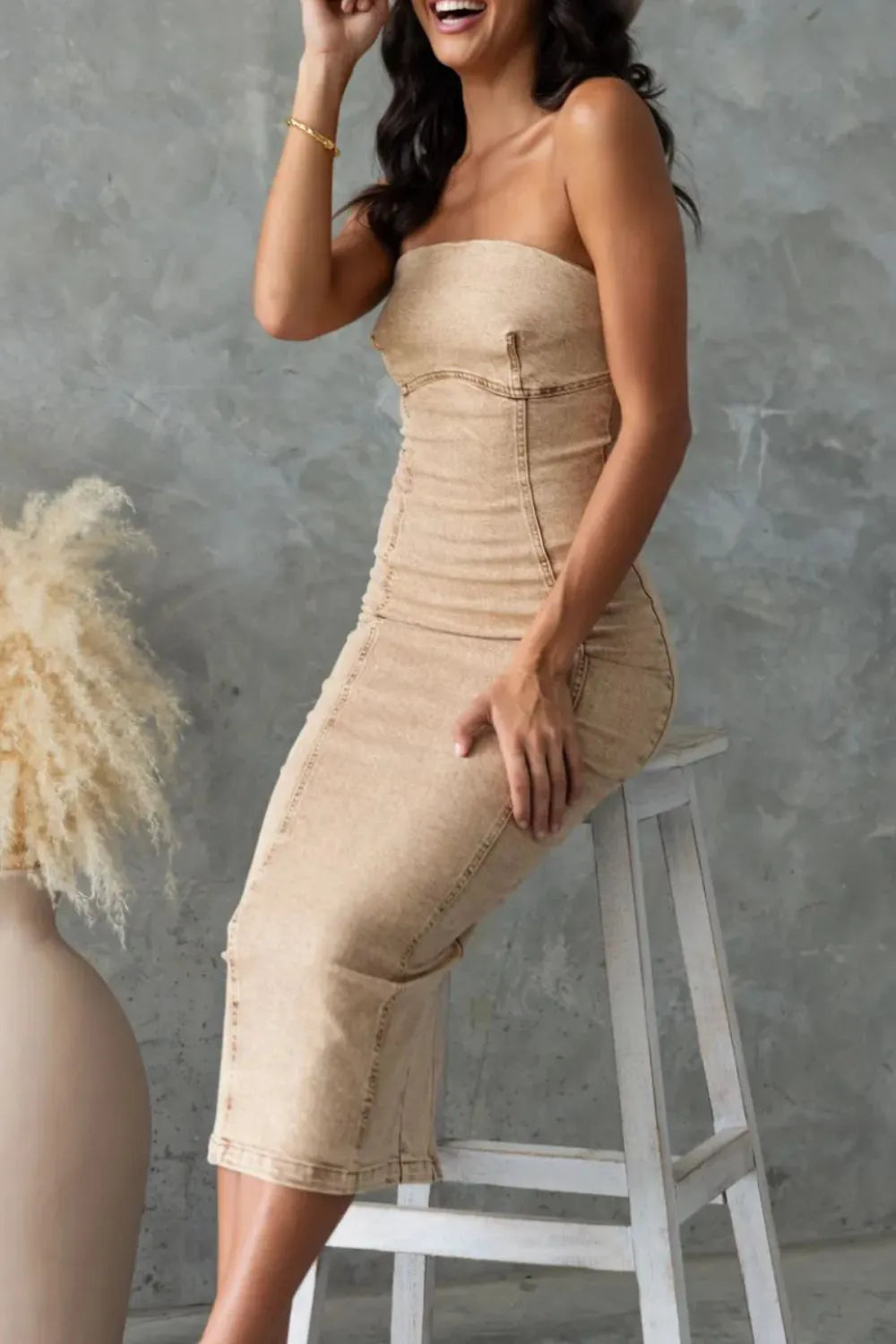 Washed Tan Denim Tube Denim Dress