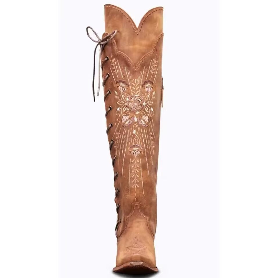 Retro Cowgirl Chunky Heel Embroidered Pointed Toe Boots