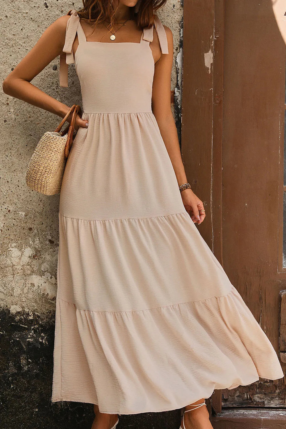Model wearing  Perfee Tie Shoulder Smocked Tiered Dress