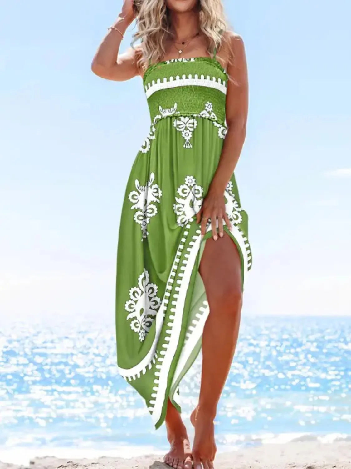 Model wearing Printed Smocked Maxi Cami Sundress- Green