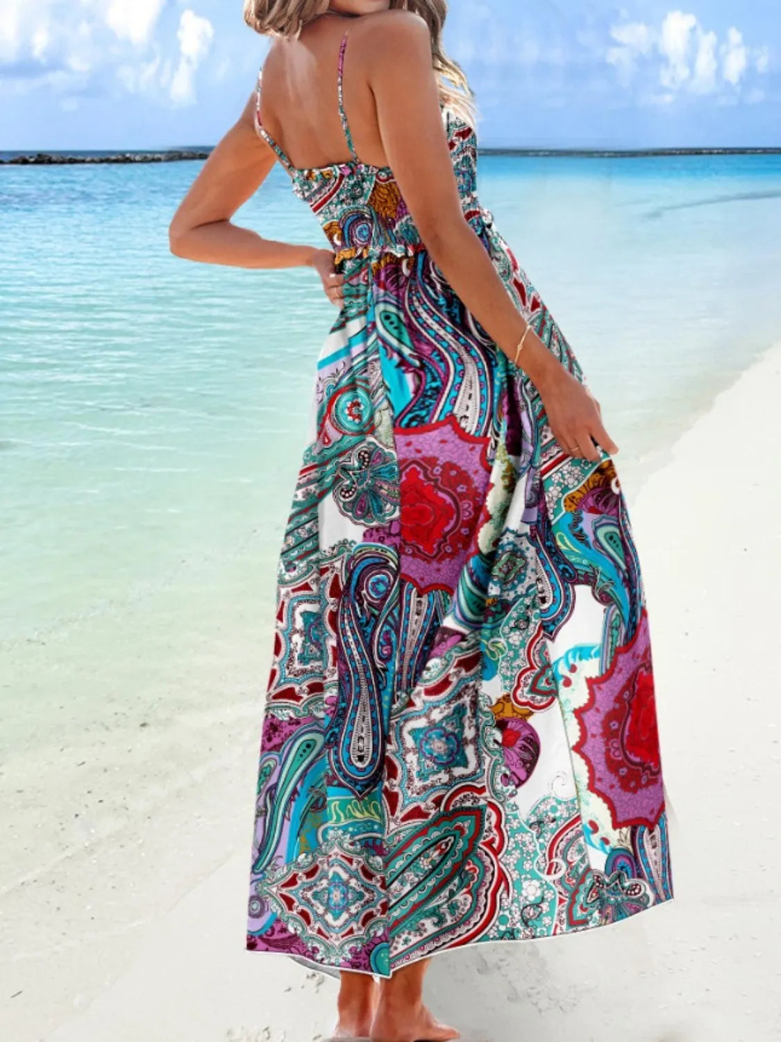 Model wearing Printed Smocked Maxi Cami Sundress-back view