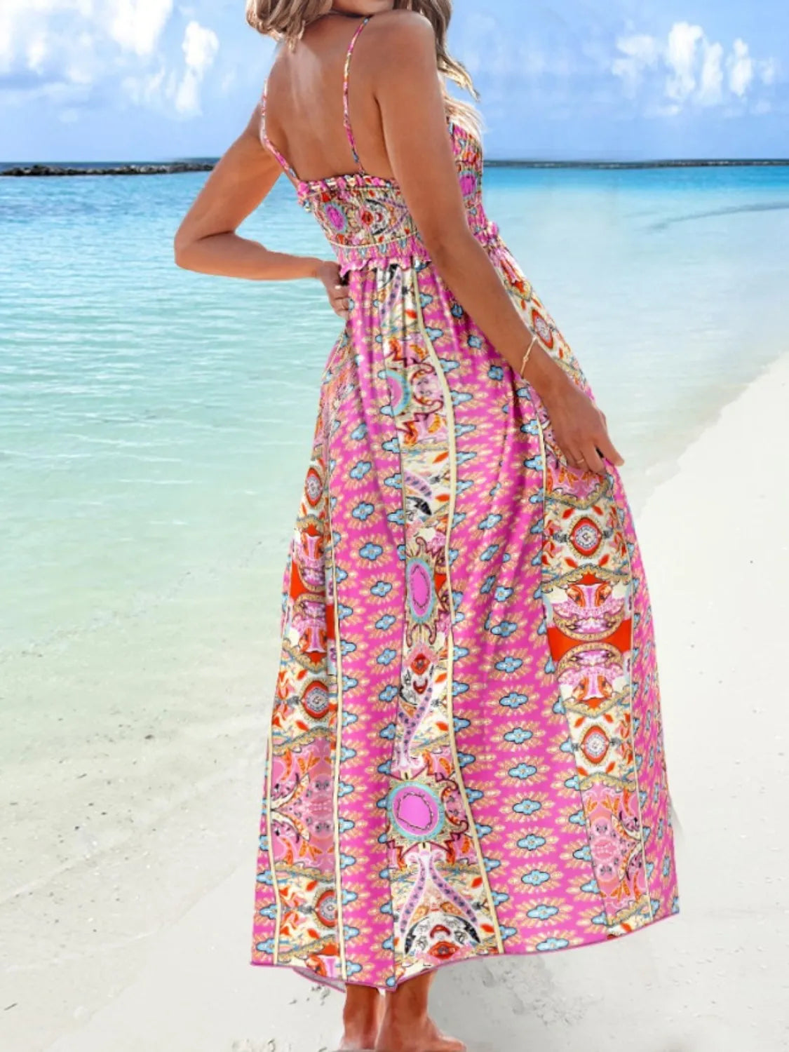 Model wearing Printed Smocked Maxi Cami Sundress- PINK- back view