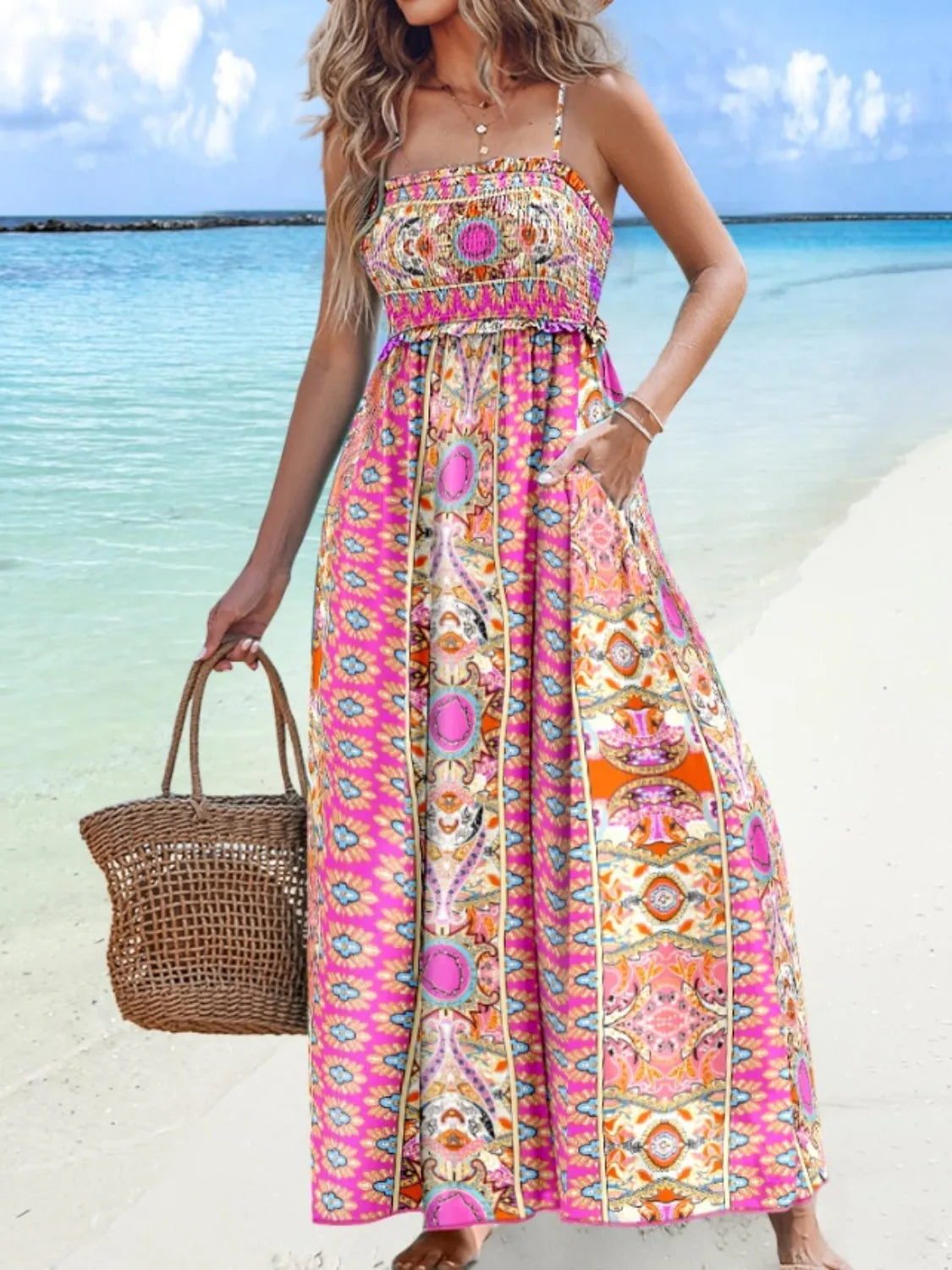Model wearing Printed Smocked Maxi Cami Sundress- PINK