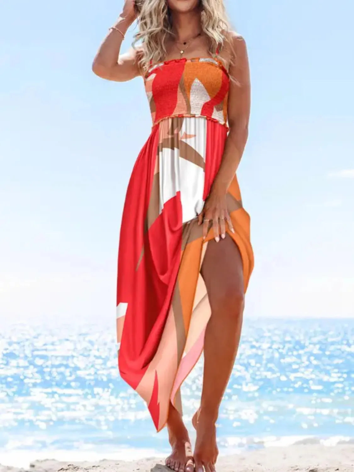 Model wearing Printed Smocked Maxi Cami Sundress- Orange