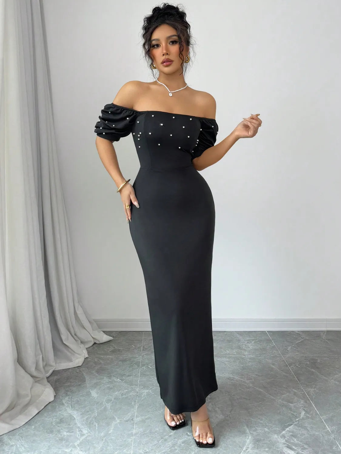 Model wearing Off Shoulder Short Sleeve Maxi Dress