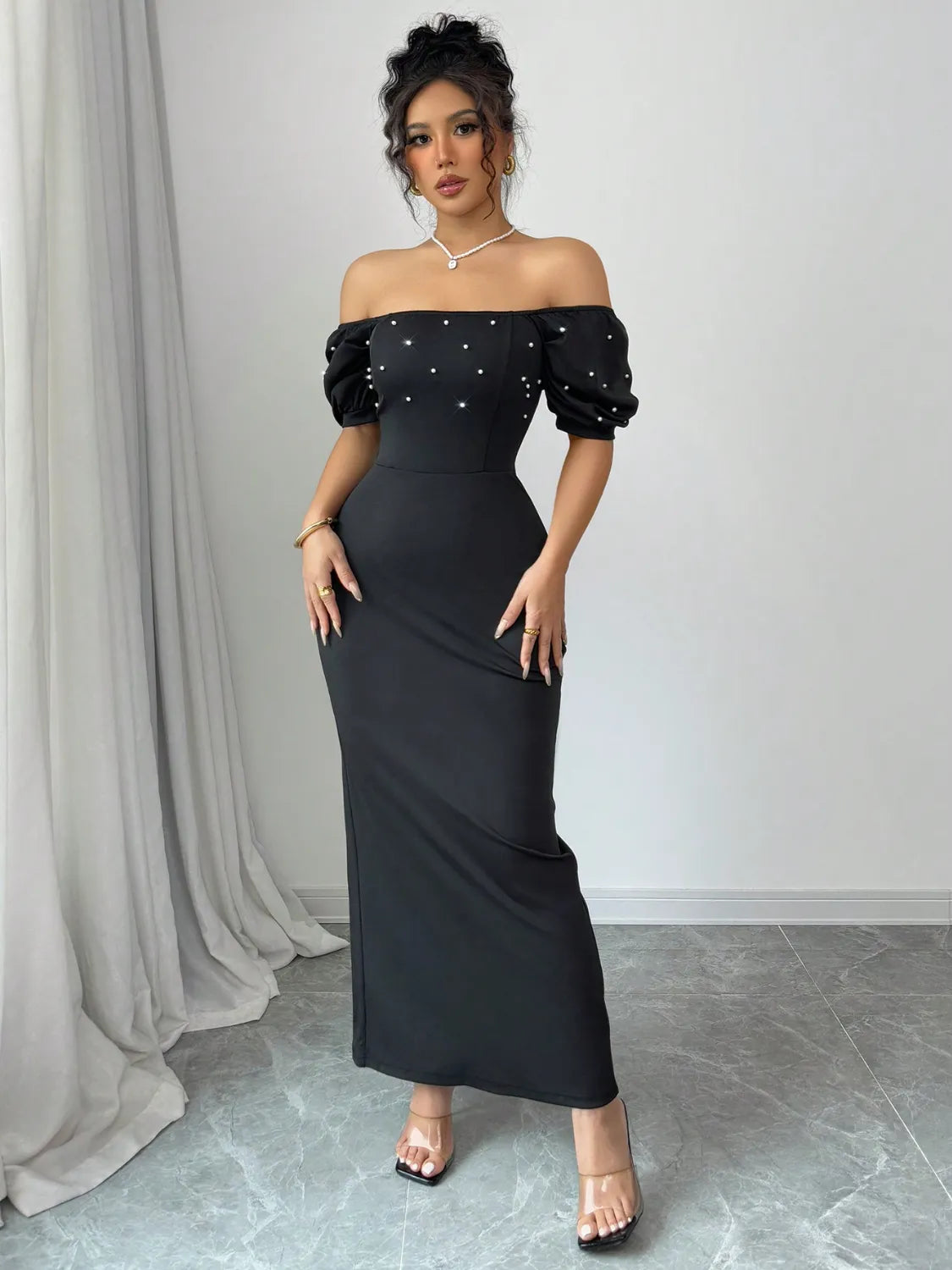Model wearing Off Shoulder Short Sleeve Maxi Dress