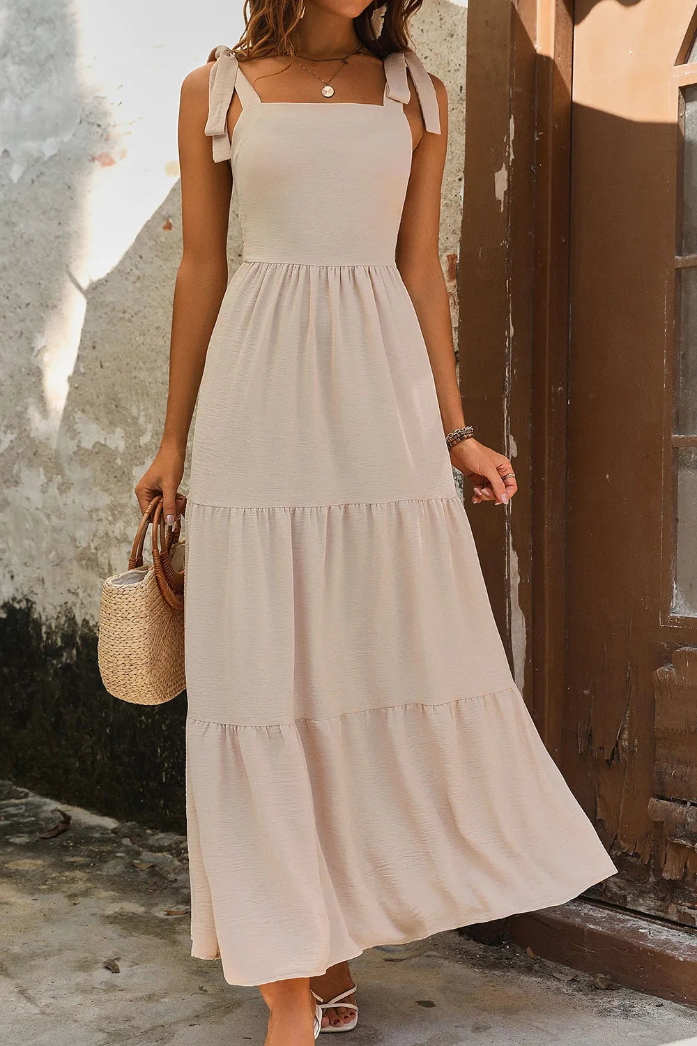 Model wearing  Perfee Tie Shoulder Smocked Tiered Dress
