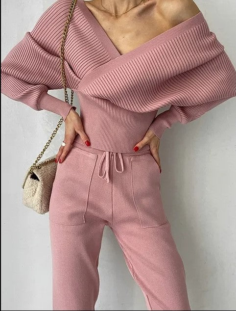 Stylish Two Piece Off The Shoulder Knitted Tracksuit