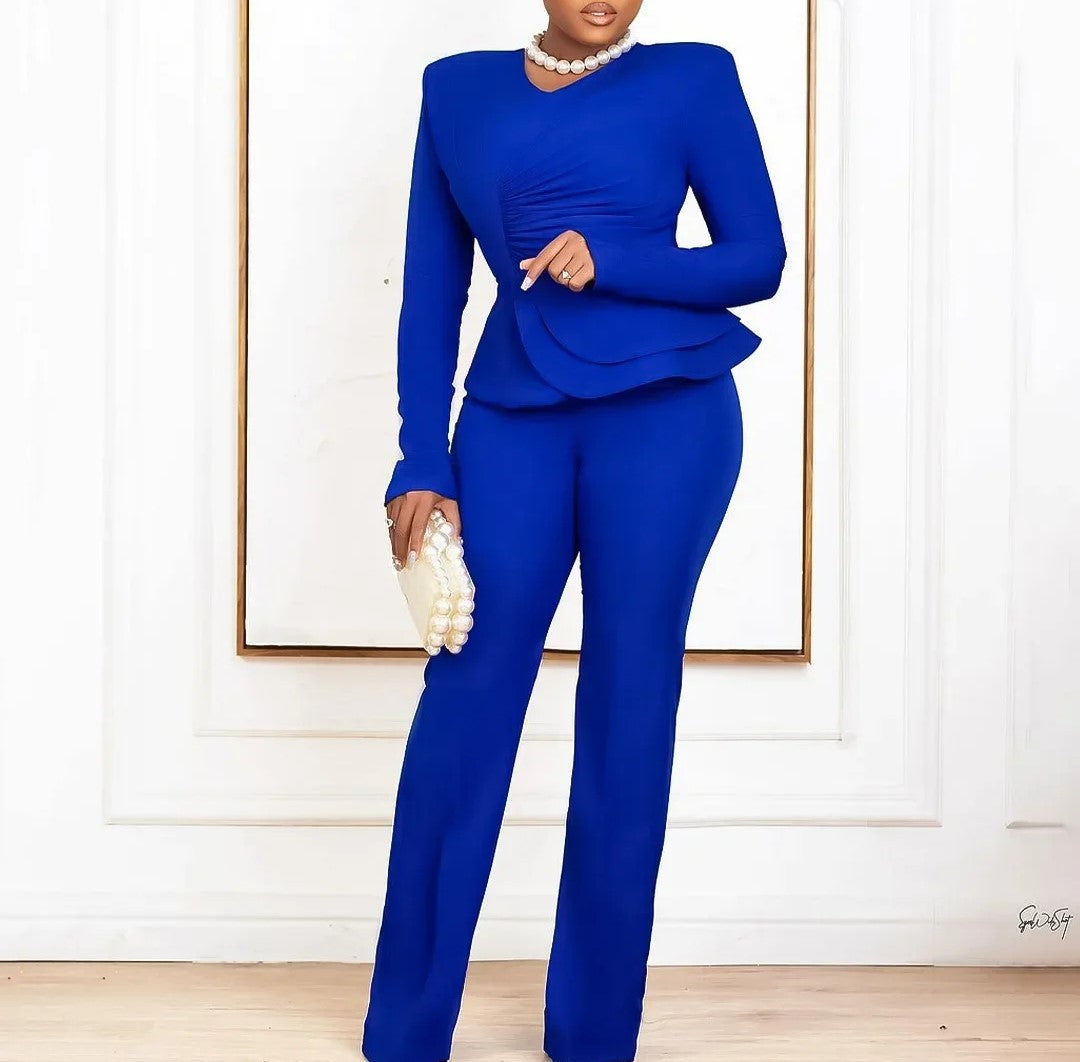 Elegant Commuter Ruffle Top Pant Suit