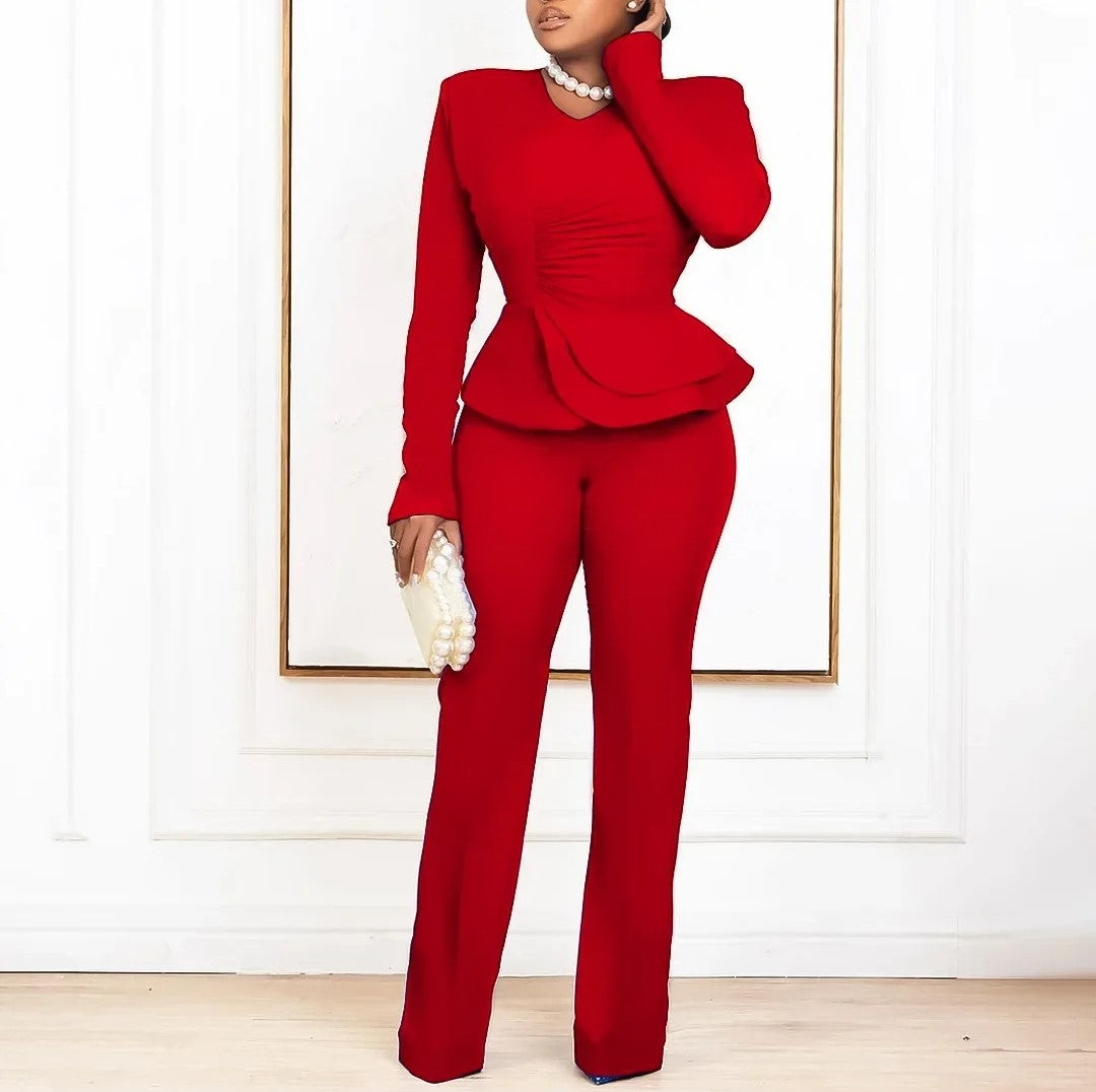 Elegant Commuter Ruffle Top Pant Suit