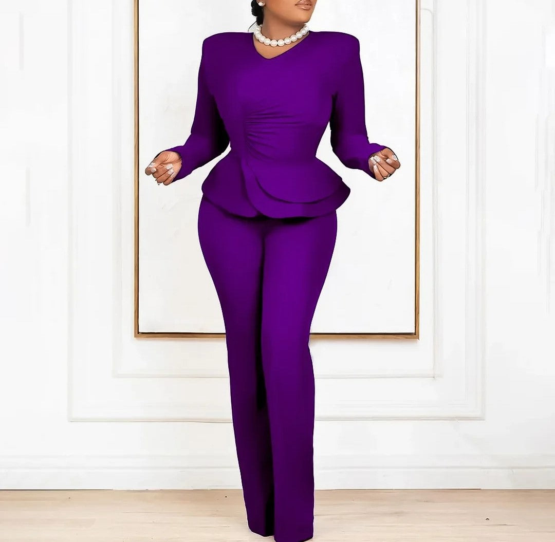 Elegant Commuter Ruffle Top Pant Suit