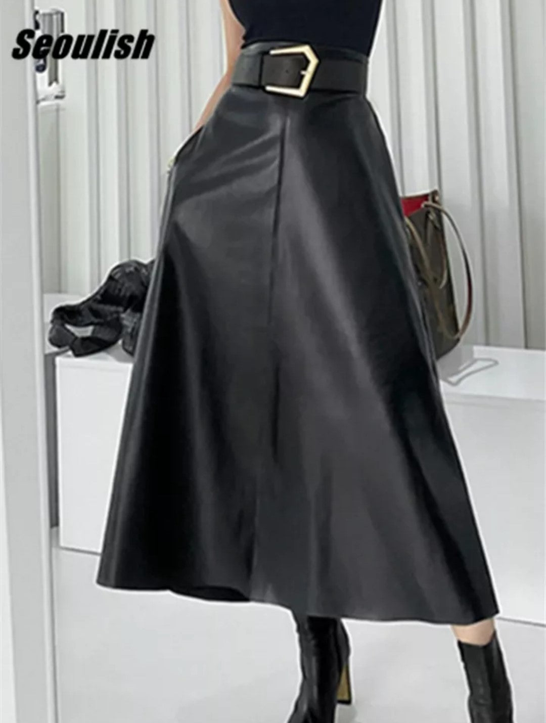 One Size Empire Waist A-line Vegan Leather Skirt