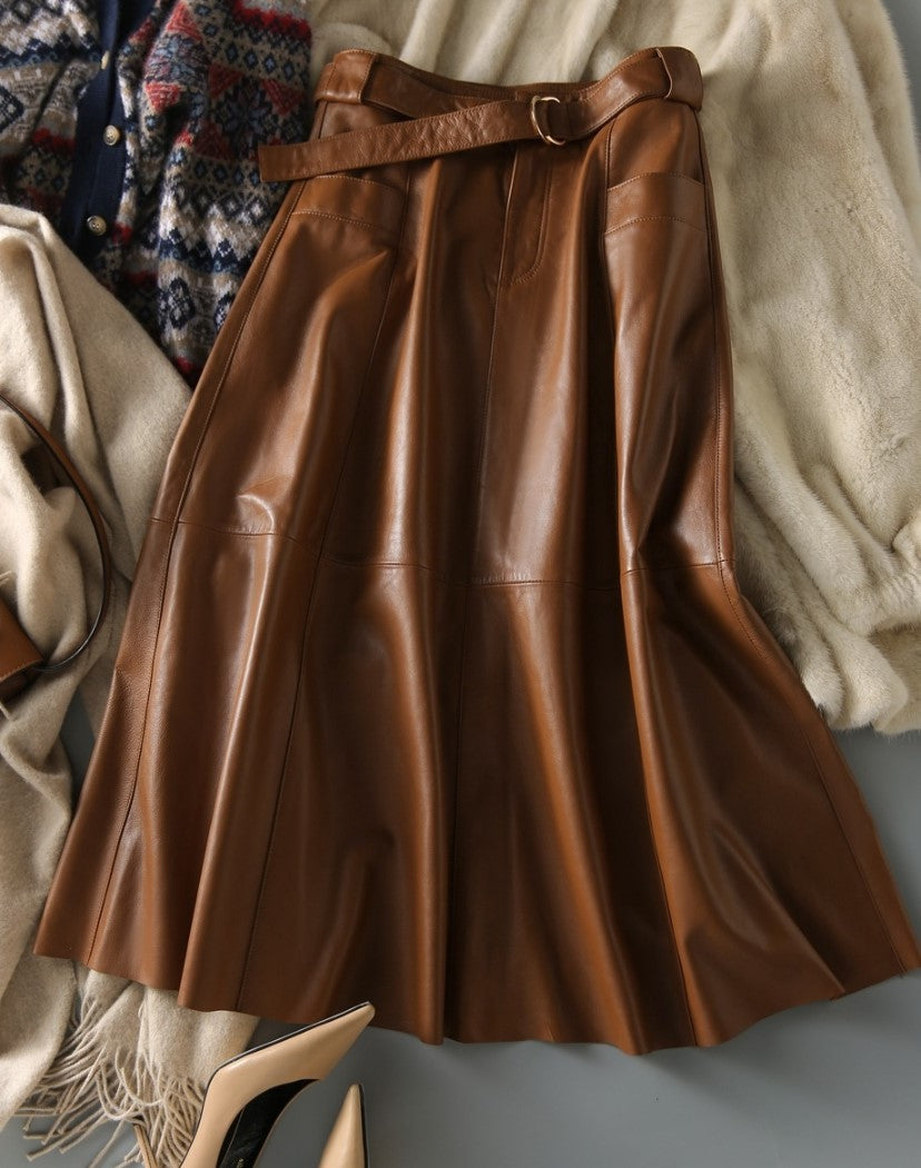 Vintage High Waist A-Line Faux Leather Skirt