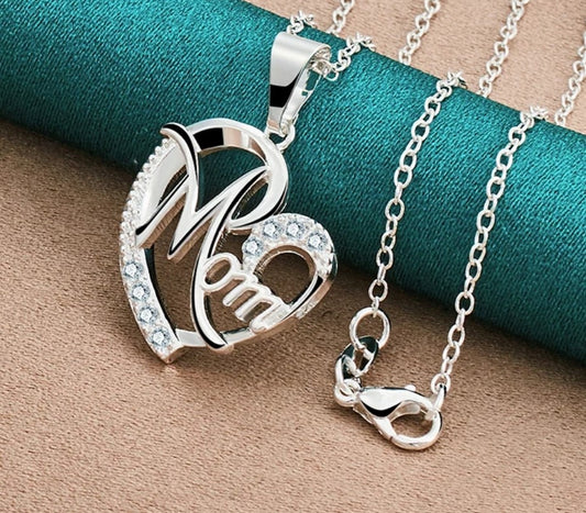 Sterling Silver Mom Heart Pendant Necklace