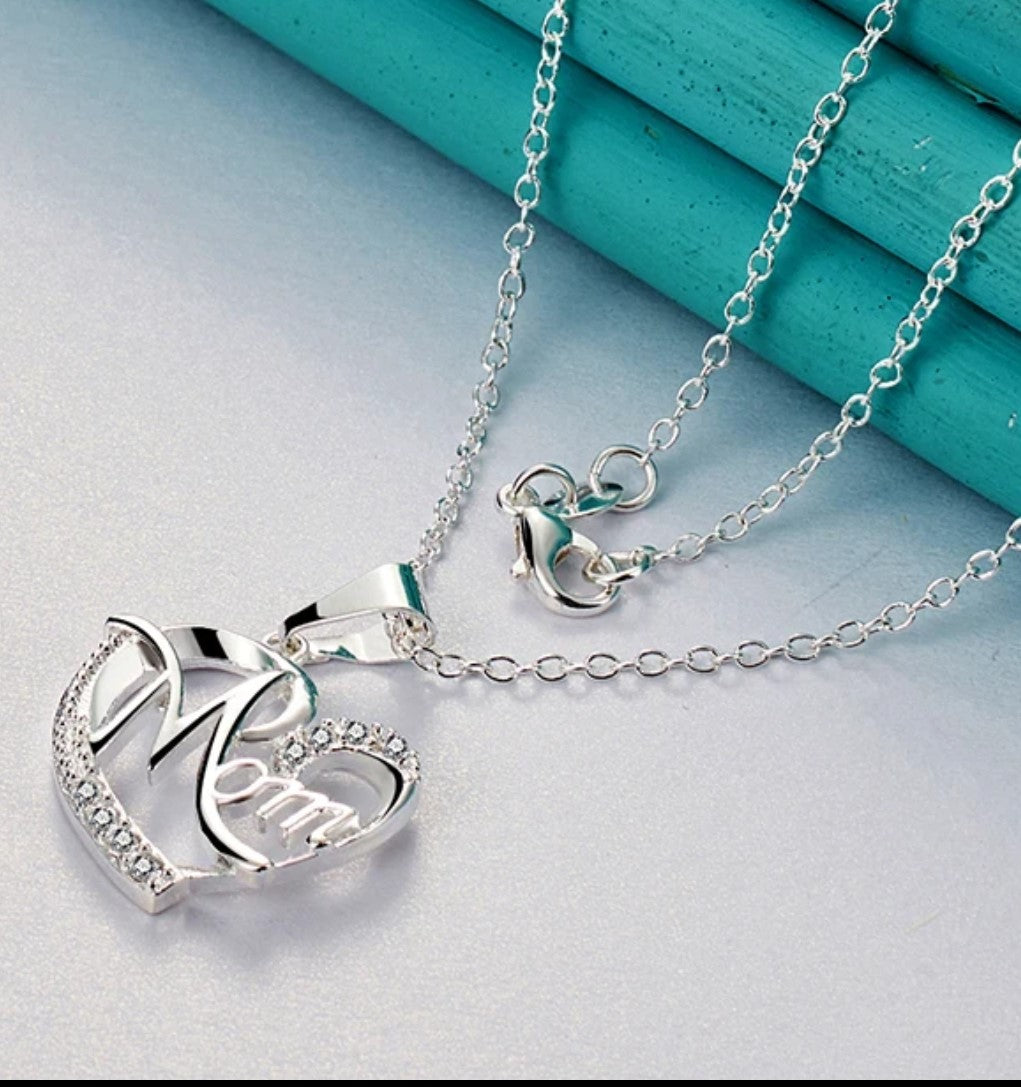 Sterling Silver Mom Heart Pendant Necklace