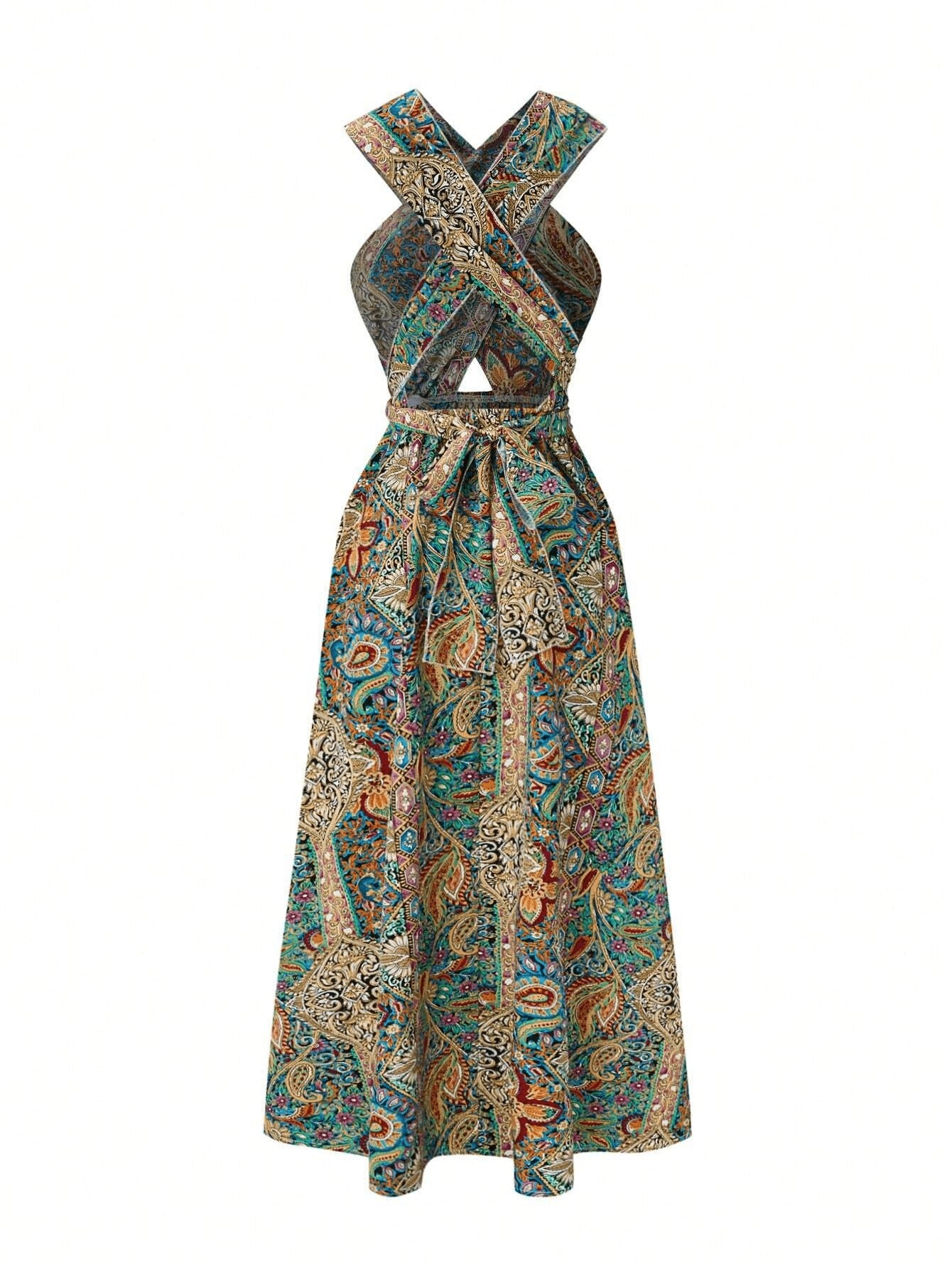 Tropical Print High Waisted Cross Halter Neck Maxi Dress- back view