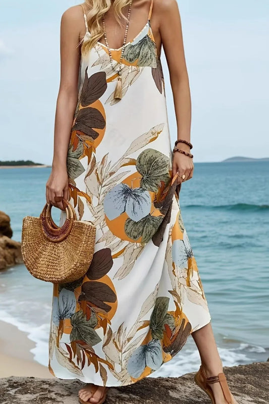 Model wearing Floral Printed Spaghetti Strap Maxi Dress