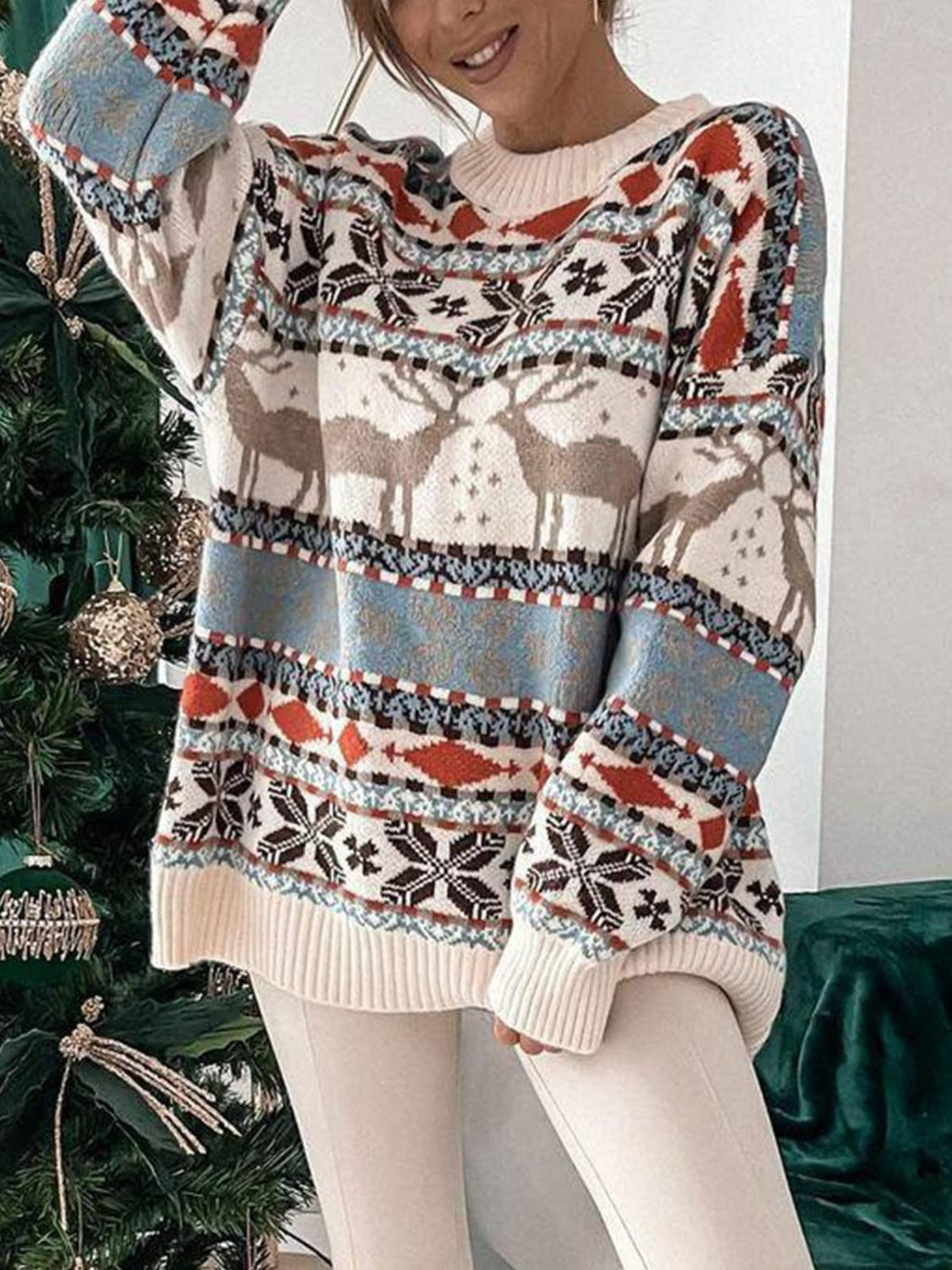 Winter Wonderland Round Neck Dropped Shoulder Sweater