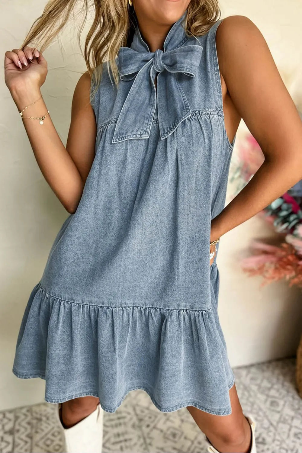 Tie Neck Sleeveless Denim Dress