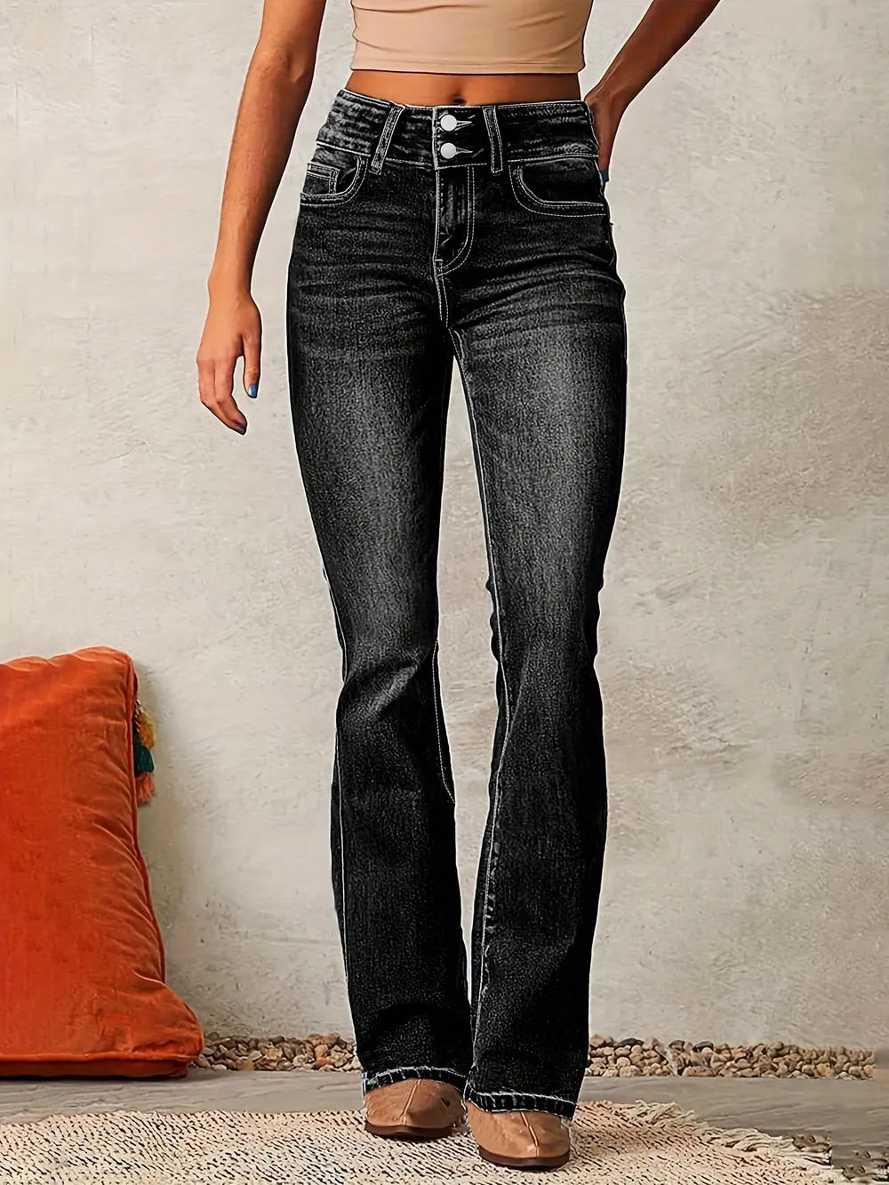 Cat Whisker Washed Bootcut Jeans-Black