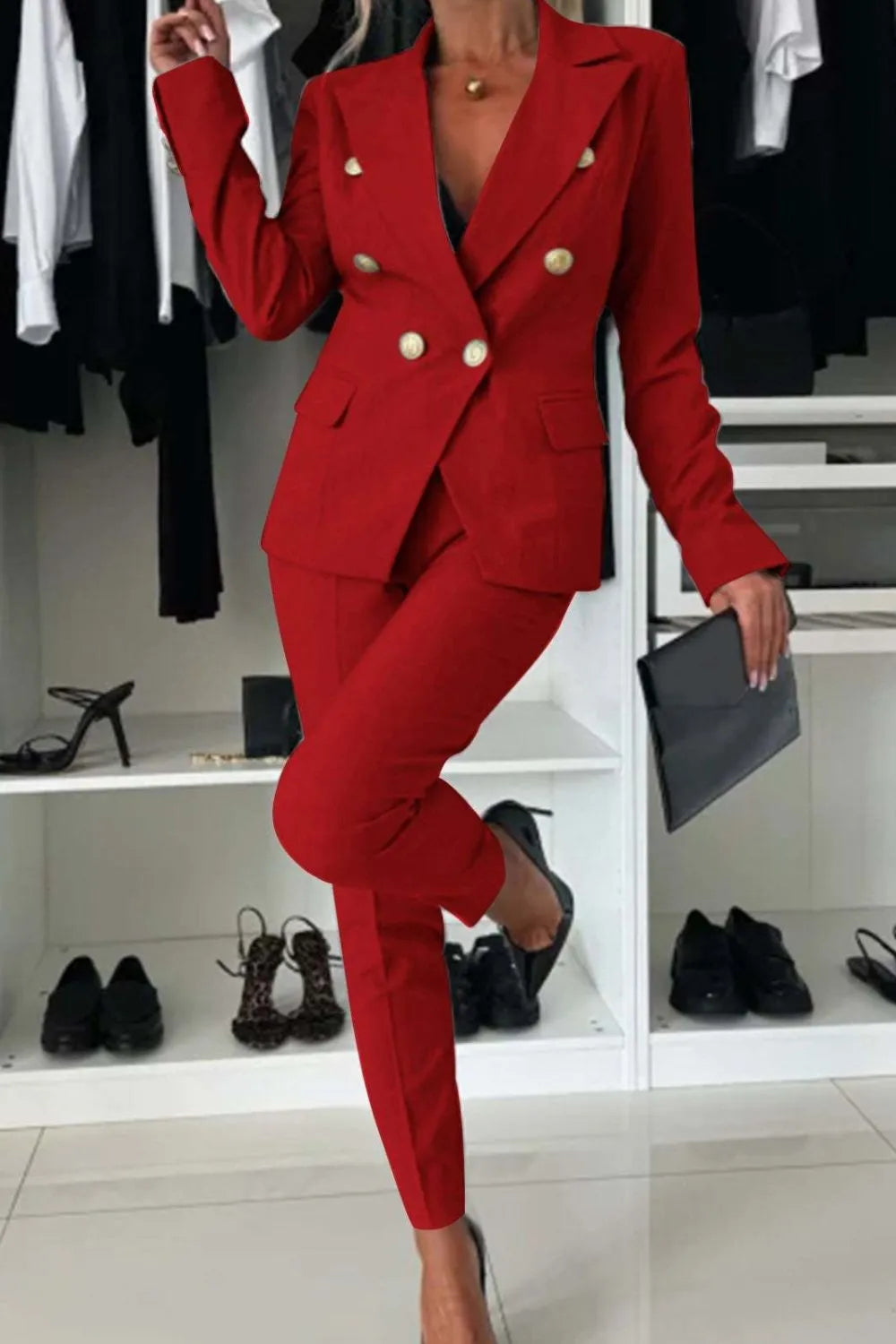 Ladies' Lapel Collar Long Sleeve Blazer and Pants Set 