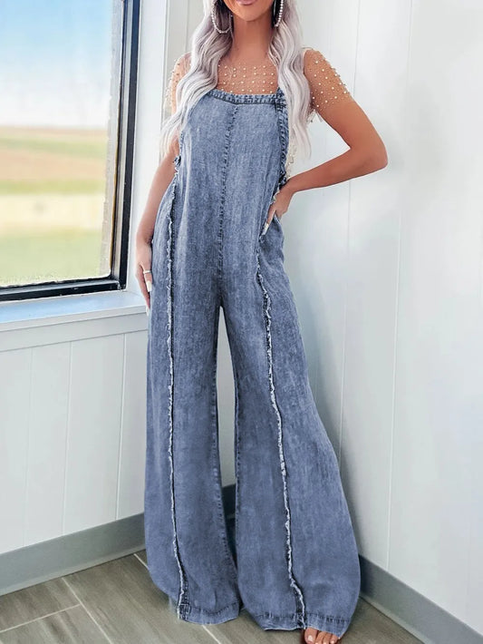 Exposed Seam Washed Denim Overalls