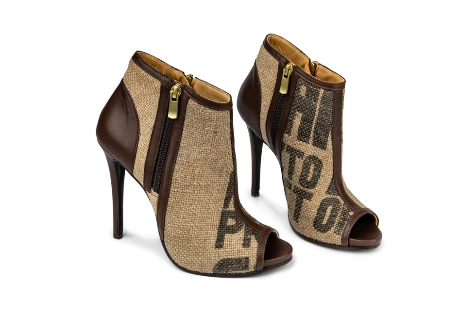 Coffee Burlap Peep Toe Ankle Boots By Flowers & Leaves