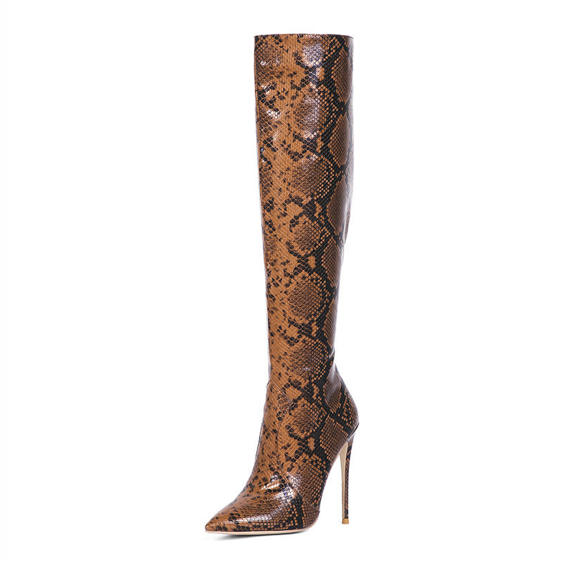 New Stiletto Heel Snake Pattern High-top Boots