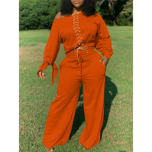 Women Long Sleeve Boat Neck Crossover Tie Top And Wide Leg Pants Two-Piece Set