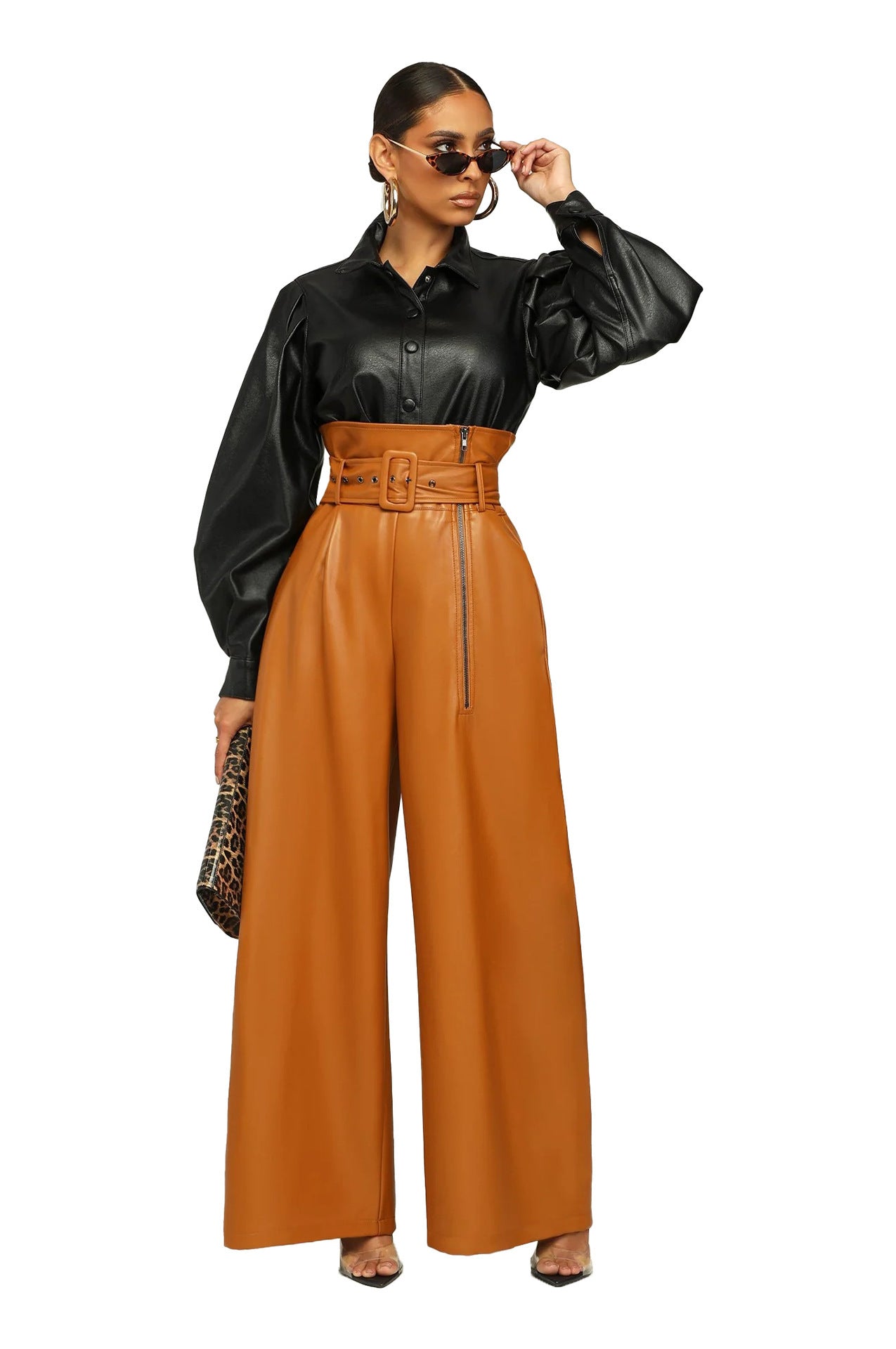 High Waist Wide Leg Faux Leather Pants