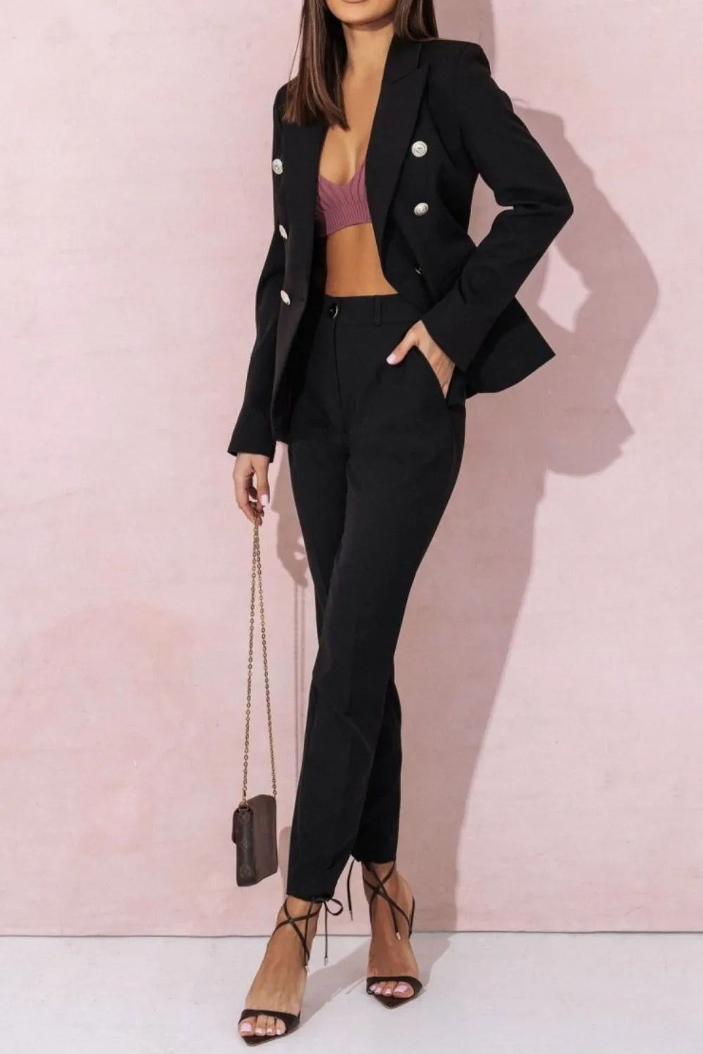 Ladies' Lapel Collar Long Sleeve Blazer and Pants Set 