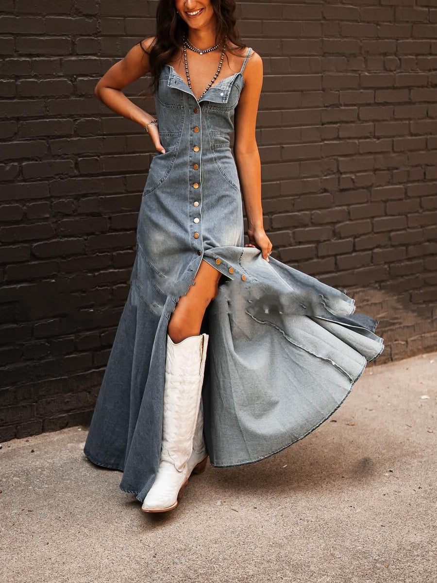 INS Vintage Denim Washed Distressed Swing Dress