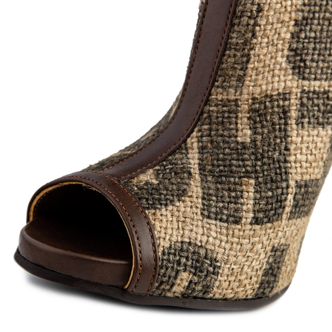 Coffee Burlap Peep Toe Ankle Boots By Flowers & Leaves