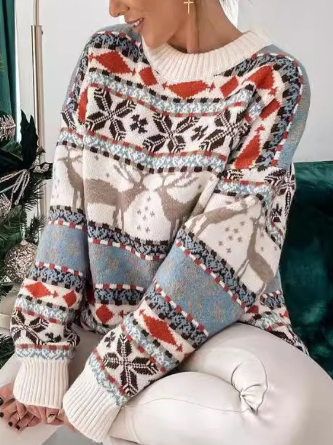 Winter Wonderland Round Neck Dropped Shoulder Sweater