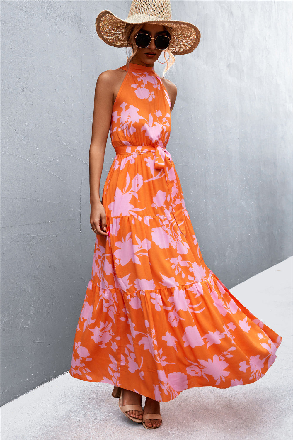 Summer Sleeveless Tie Waist Maxi Dress