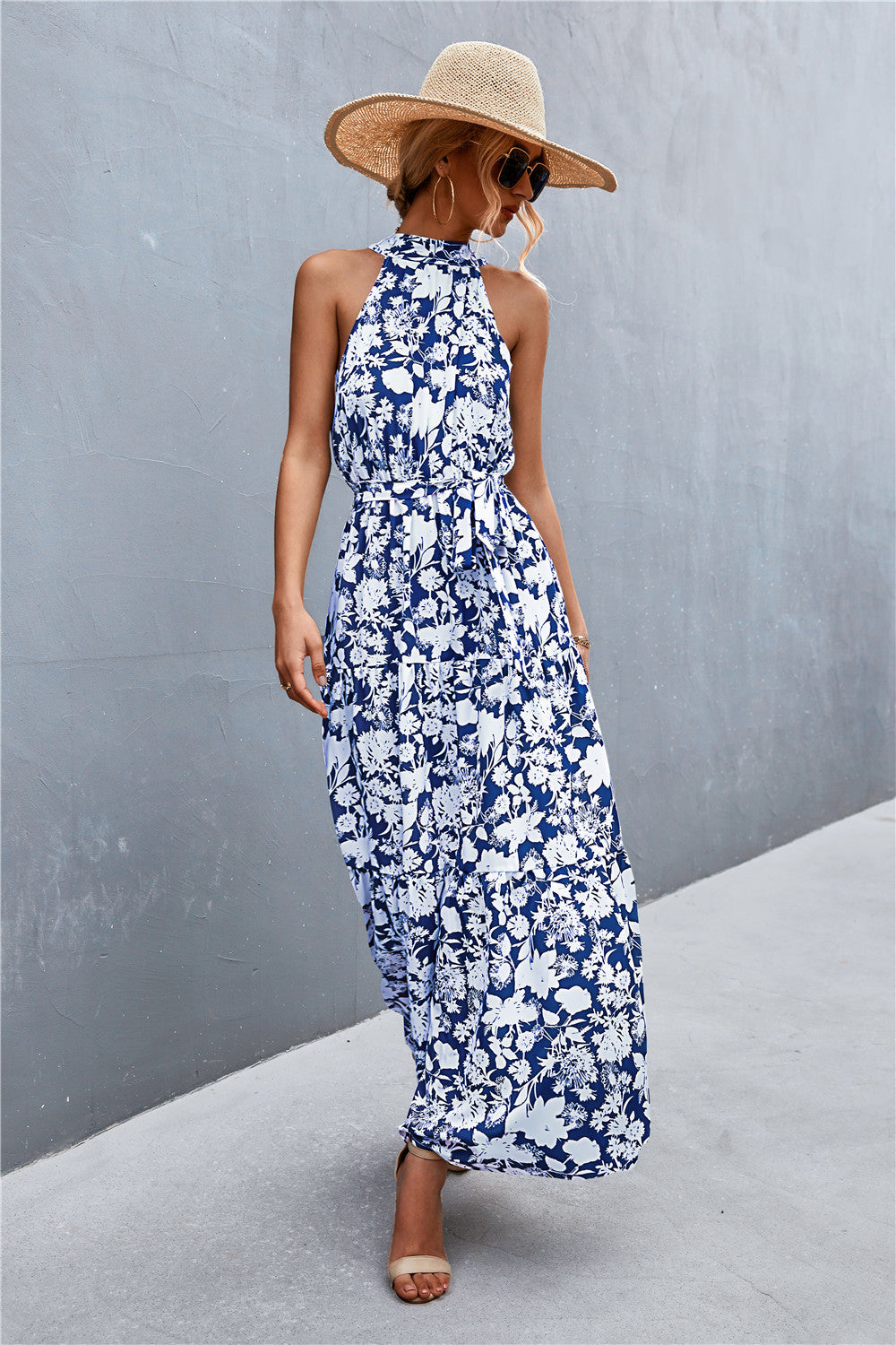 Summer Sleeveless Tie Waist Maxi Dress