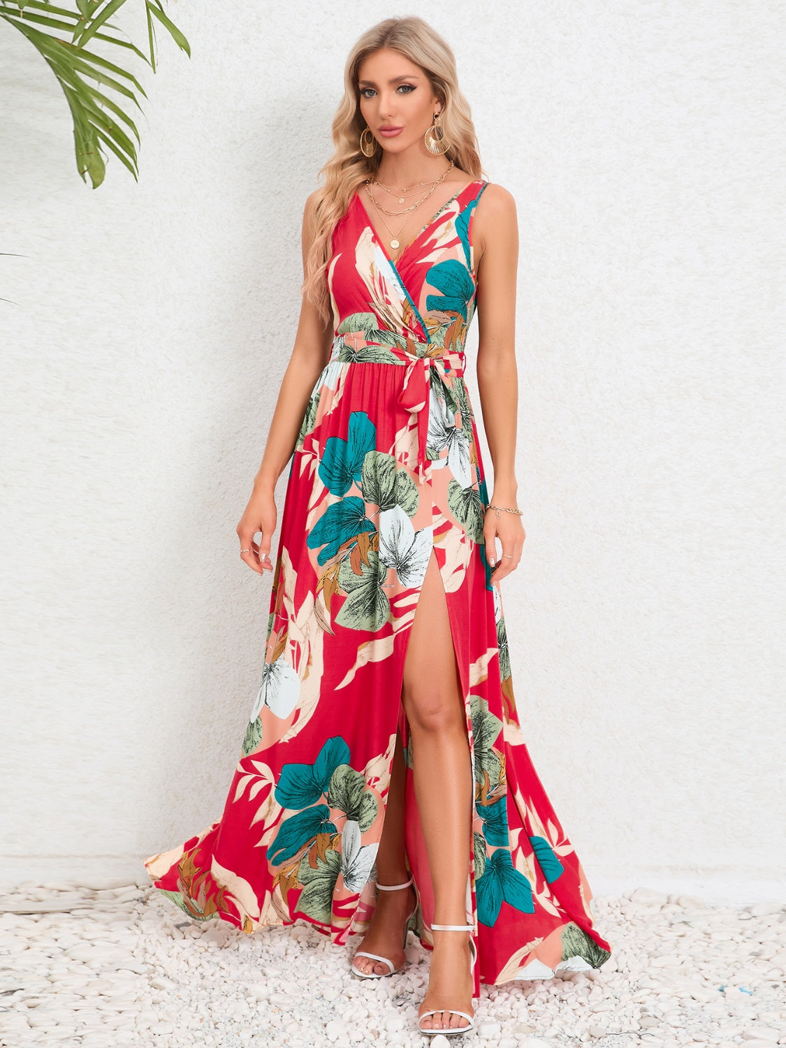 Tropical Sundress with tied waist and side split