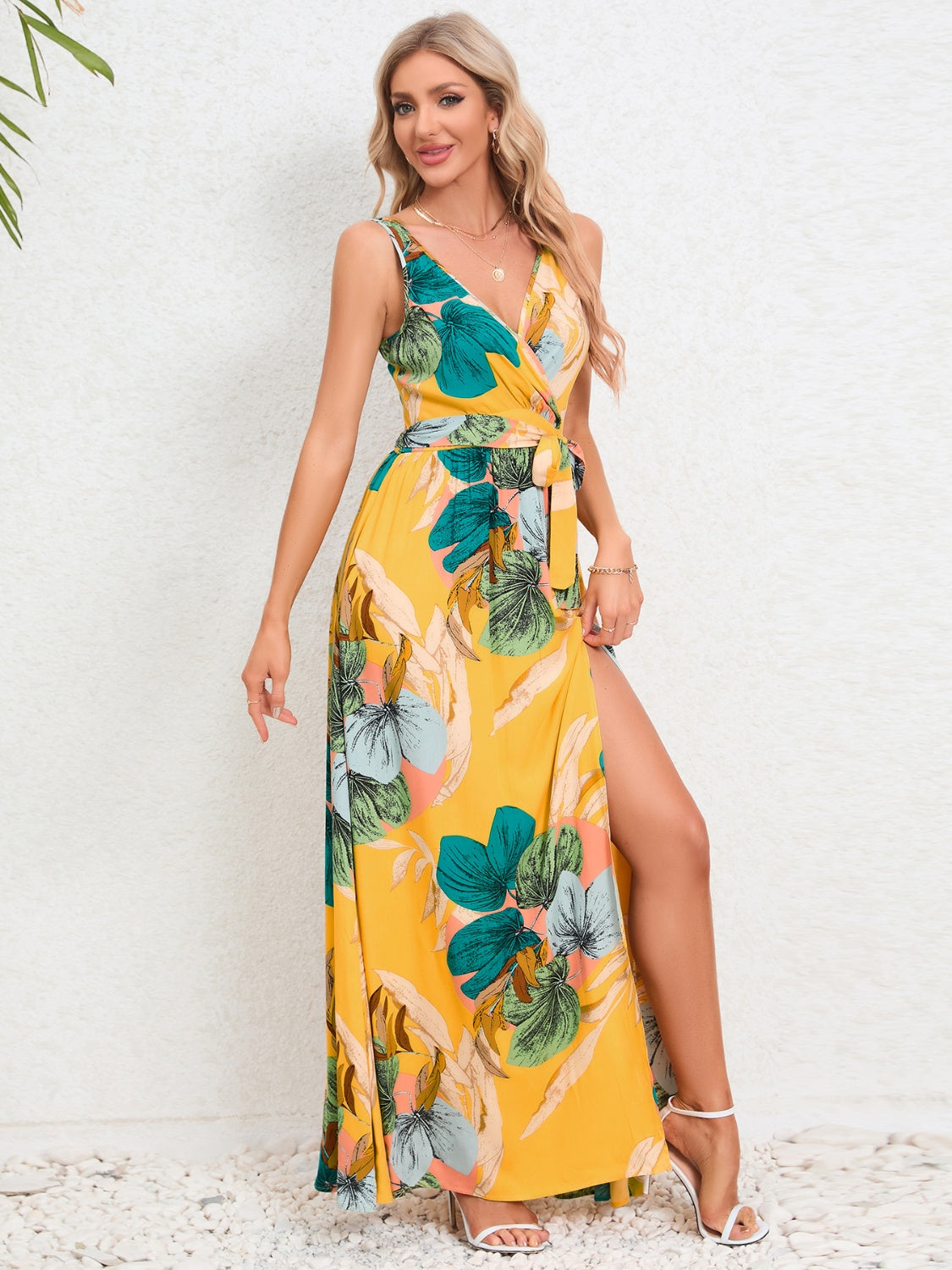 Tropical Sundress with tied waist and side split