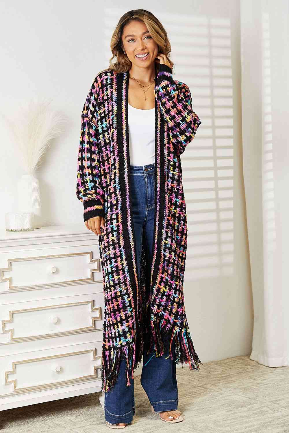 Double Take  Multicolored Fringe Hem Cardigan